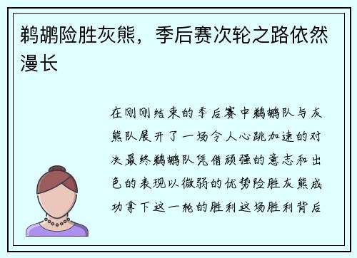 鹈鹕险胜灰熊，季后赛次轮之路依然漫长